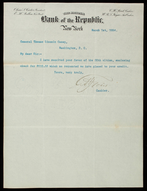 Charles H. Stout/National Bank of the Republic to Thomas Lincoln Casey, March 1, 1894 (1)