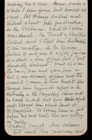 Thomas Lincoln Casey Notebook, May 1891-September 1891, 10, asking Sec of War. Green came in