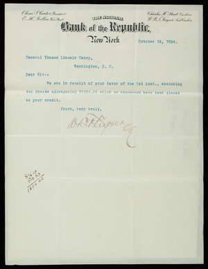 W. B. Keyser/National Bank of the Republic to Thomas Lincoln Casey, October 2, 1894
