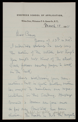 Henry L. Abbot to Thomas Lincoln Casey, March 15, 1885