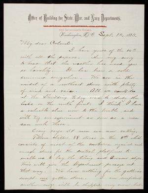 Bernard R. Green to Thomas Lincoln Casey, September 12, 1883