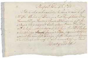 Receipt from Henry Ward to Otis Baker for sale of Cato (a slave), 6 December 1763