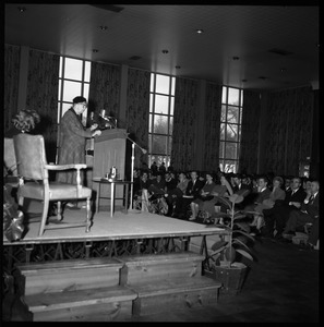 Eleanor Roosevelt speaking in the Student Union Ballroom, UMass Amherst, during her Distinguished Visitors Program appearance