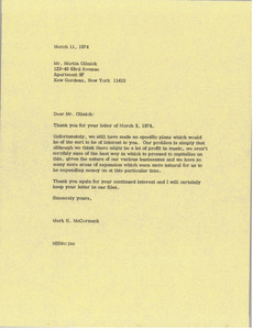 Letter from Mark H. McCormack to Martin Olinick
