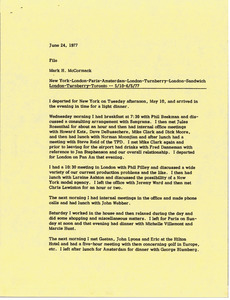 Memorandum from Mark H. McCormack to travel file