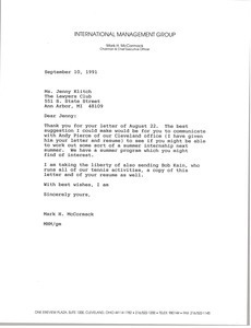 Letter from Mark H. McCormack to Jenny Klitch