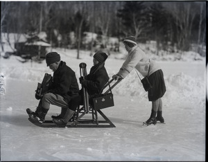 Franklin I. "Pop" Jordan, Marie Ann, and Hilda Lucene, sledding with a Tele Graflex camera