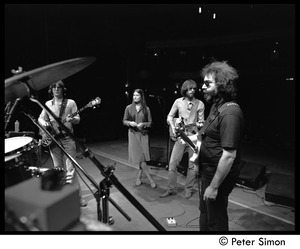 Jerry Garcia, Bob Weir, Donna Godchaux, and Phil Lesh of the Grateful Dead rehearsing