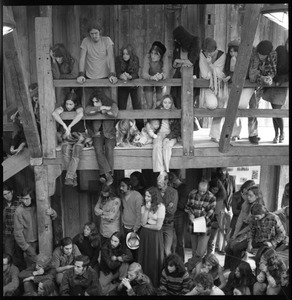 Communal meeting inside the Brotherhood of the Spirit dormitory in Warwick, Mass.