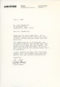 Letter from Lloyd Dobyns to Judi Chamberlin