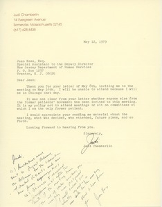 Letter from Jean Ross to Judi Chamberlin