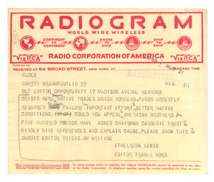 Radiogram from Ethelreda Lewis to Opportunity