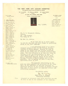 Letter from New York City Cancer Committee to W. E. B. Du Bois