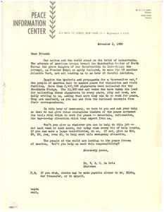 Circular letter from Peace Information Center to unidentified correspondent