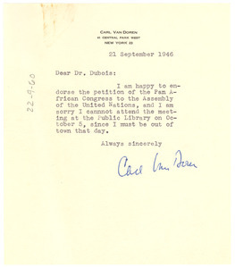 Letter from Carl Van Doren to W. E. B. Du Bois