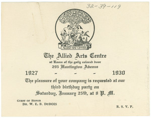 Invitation to the third birthday party of the Allied Arts Center