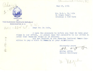 Letter from Romanian Embassy to W. E. B. Du Bois