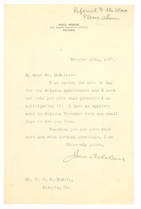 Letter from Jane Addams to W. E. B. Du Bois