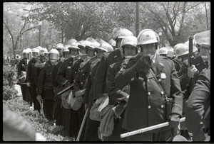 May Day demonstrations and street actions by the Justice Department: line of police with truncheons at ready