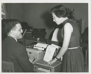 Frank Lettiere using a typewriter as part of a clerical test