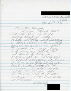 Correspondence between Mayor Kevin White and students from the Charles Mack Elementary School in Sacramento, CA