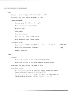 Correspondence: Paper outlining cost estimates for Titanic project.