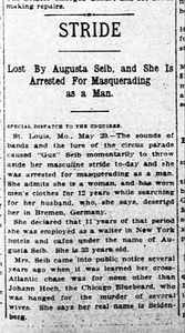 Lost By August Seib, and She Is Arrested For Masquerading as a Man.