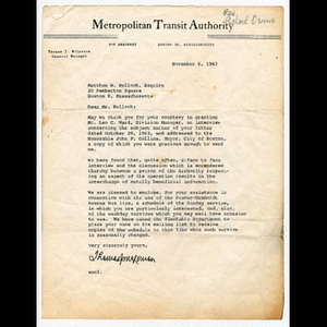 Letter from Thomas J. McLernon of Metropolitan Transit Authority to Matthew W. Bullock concerning the Seaver-Humboldt Avenue and Dudley Station bus line with bus schedule