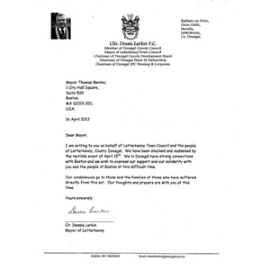 Letter of condolence sent to the city of Boston from the mayor of Letterkenny, Ireland