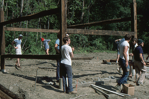 Upper beams at Moon Barn Raising at entrance to Hopkins Forest on 2 August 1975.