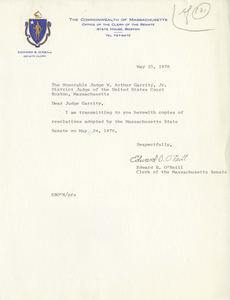 Letter from Edward B. O'Neill, Clerk of the Massachusetts Senate, to Judge W. Arthur Garrity about a Senate Resolution concerning busing, 1976 May