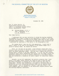 Correspondence between Robert R. Spillane, Superintendent of Boston Public Schools, and Judge W. Arthur Garrity, 1981 November