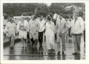 Happy Duxburites regardless of rain walking across Duxbury Bridge at opening of the new bridge