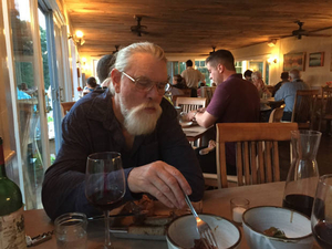 My husband, Douglass Reid, dining at the Beach Plum Inn