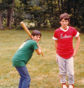 Practicing baseball in our backyard