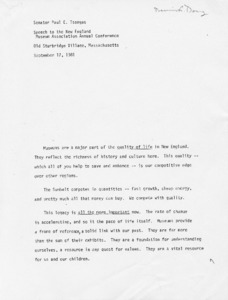 Senator Paul E. Tsongas' speech to the New England Museum Association Annual Conference, Old Sturbridge Village, Massachusetts