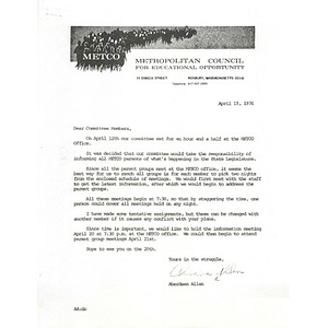 Letter, METCO parent committee members, April 15, 1976.
