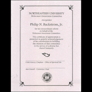 Certificate of Appreciation for Philip N. Backstrom, Jr.