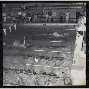 Boys compete in the backstroke as spectators look on in a natorium