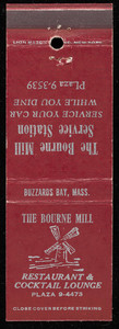 Bourne Mill Restaurant & Cocktail Lounge and Bourne Mill Service Station matchbook cover