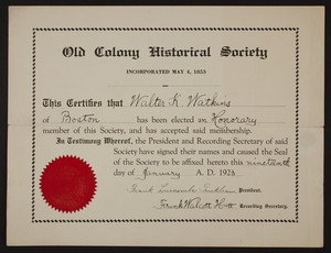 Old Colony Historical Society membership certificate