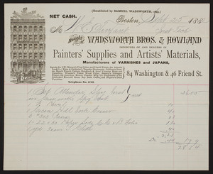 Billhead for Wadsworth Bros. & Howland, painters' supplies and artists' materials, 84 Washington & 46 Friend Streets, Boston, Mass., September 25, 1882