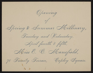 Trade card for Miss E.C. Mansfield, 70 Trinity Terrace, Copley Square, Boston, Mass., undated