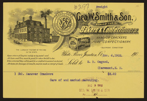 Billhead for Geo. W. Smith & Son, manufacturing bakers & confectioners, White River Junction, Vermont, dated November 4, 1902