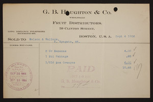 Billhead for G.B. Houghton & Co., wholesale fruit distributors, 59 Clinton Street, Boston, Mass., dated September 4, 1906