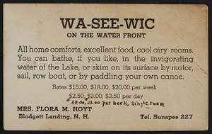 Trade card for the Wa-See-Wic, lodging house, Blodgett Landing, New Hampshire, undated