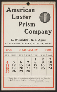 Trade card for Luxfer Prism Company, 15 Federal Street, Boston, Mass., February 1906