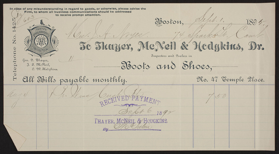 Billhead for Thayer, McNeil & Hodgkins, Dr., boots and shoes, No. 47 Temple Place, Boston, Mass., dated September 1, 1892