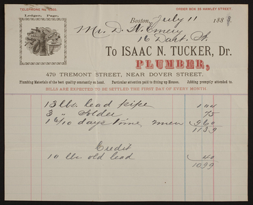 Billhead for Isaac N. Tucker, Dr., plumber, 479 Tremont Street, near Dover Street, Boston, Mass., dated July 11, 1883