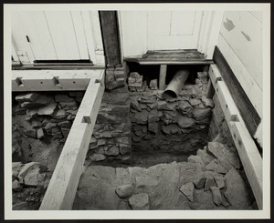 Exterior view of Spencer-Peirce-Little Farm House, excavation, Newbury, Mass., March 1990